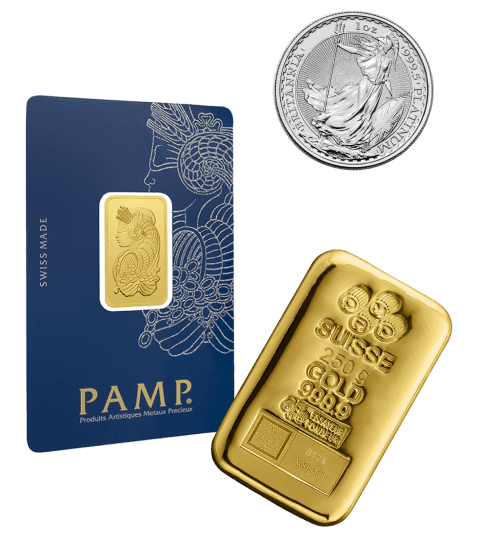 buy gold coins and bars from PAMP and reputable mints on the savings assistant like 1 kg gold bar or 1 oz britannia or 5 g lady fortuna gold bar
