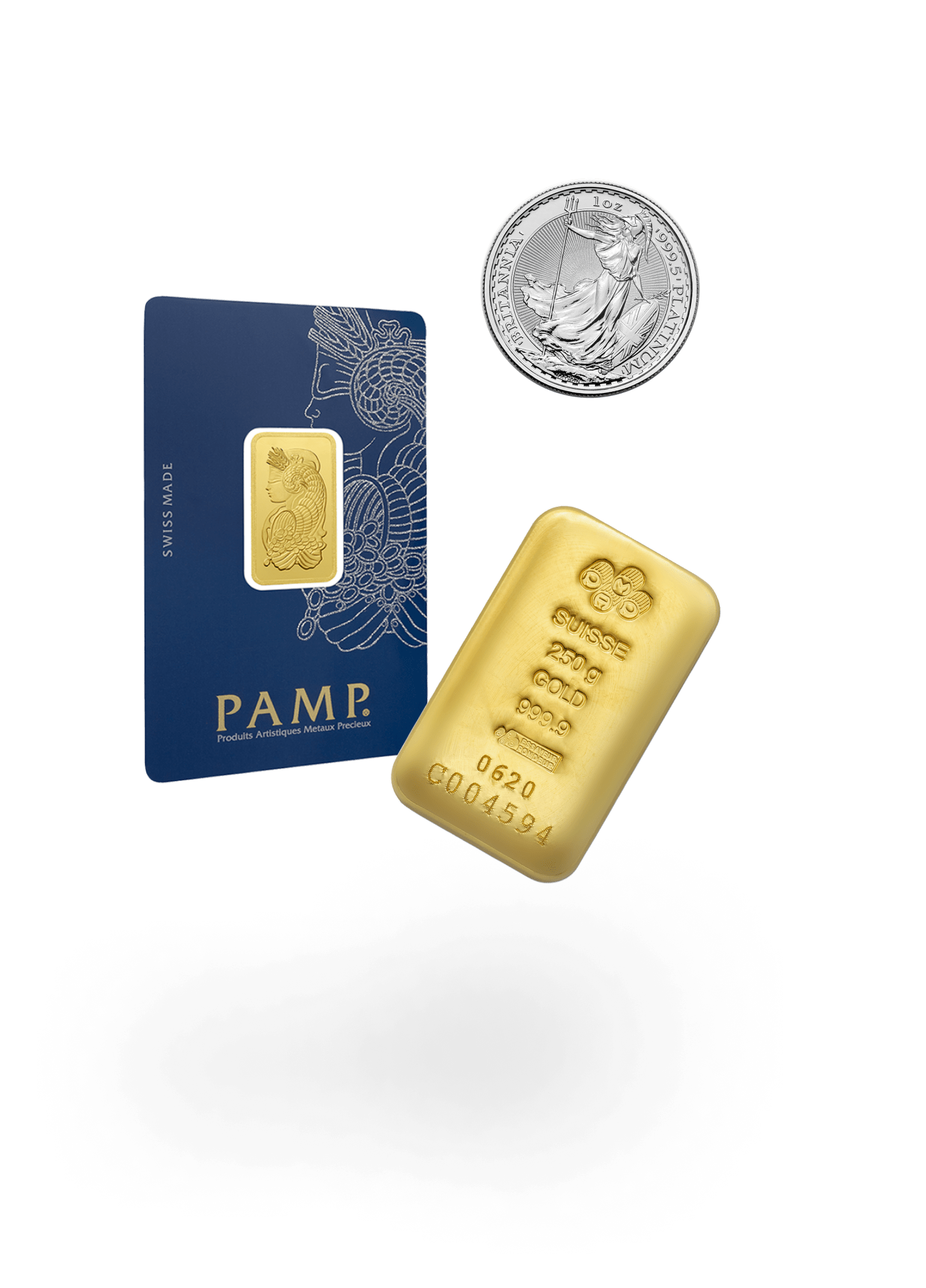 Goldmünzen und -barren kaufen von PAMP und namhafte Münzen auf dem Sparassistenten, wie 1 kg Goldbarren oder 1 oz Britannia oder 5 g Lady Fortuna Goldbarren