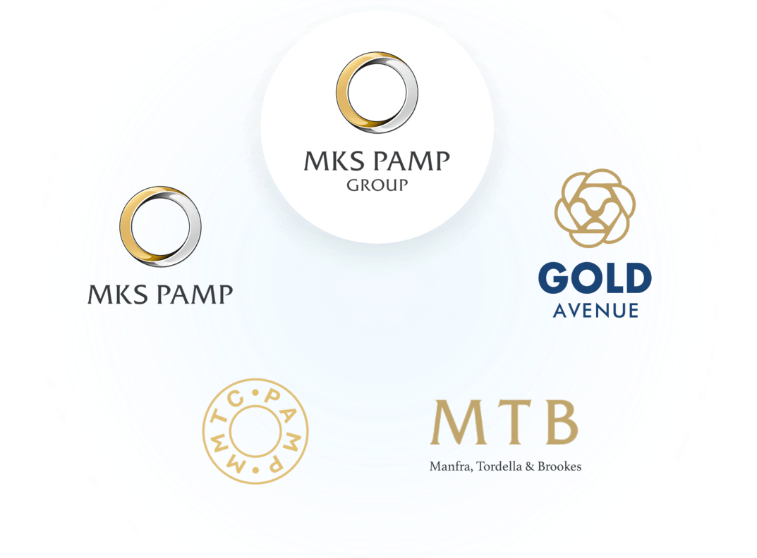 Loghi MKS PAMP GROUP in un cerchio con MKS PAMP, MMTC PAMP, MTB e GOLD AVENUE, il rivenditore ufficiale online di MKS PAMP GROUP