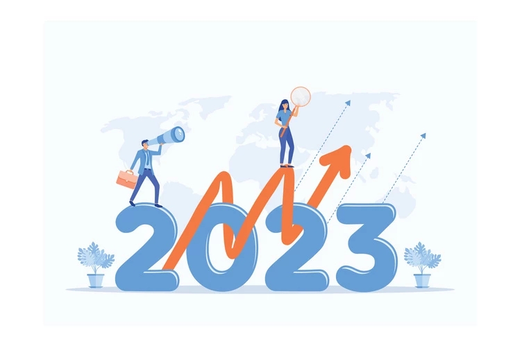 a man with a suitcase and a girl with a magnifying glass standing on top of the numbers 2023
