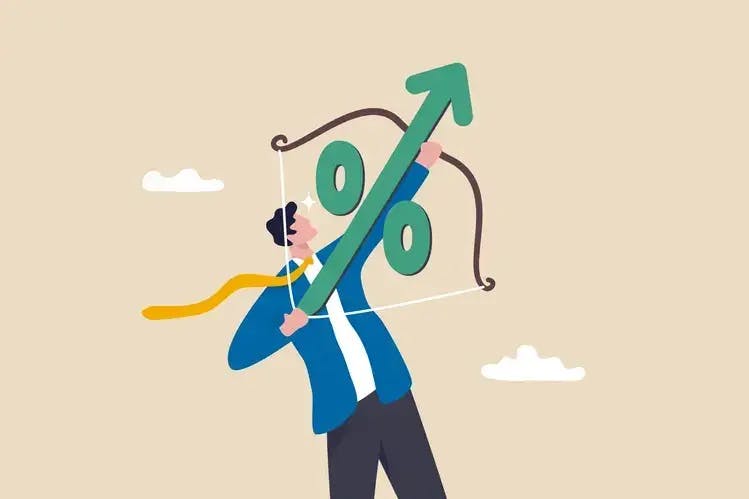 a cartoon man shooting up the percentage symbol with an arrow gun symbolizing interest rate hikes by the fed