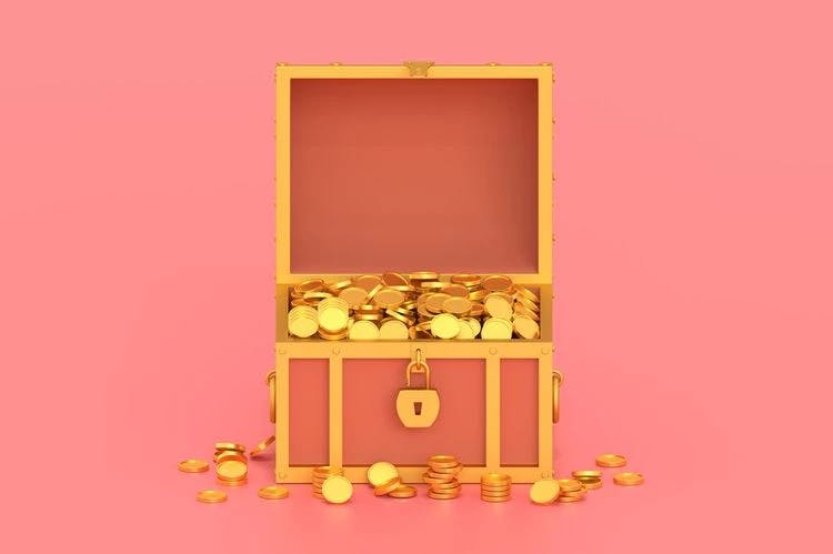 Il misterioso tesoro di Forrest Fenn ritrovato da uno studente di medicina del Michigan rappresentato dall’immagine di un forziere pieno di monete d’oro su sfondo rosa.