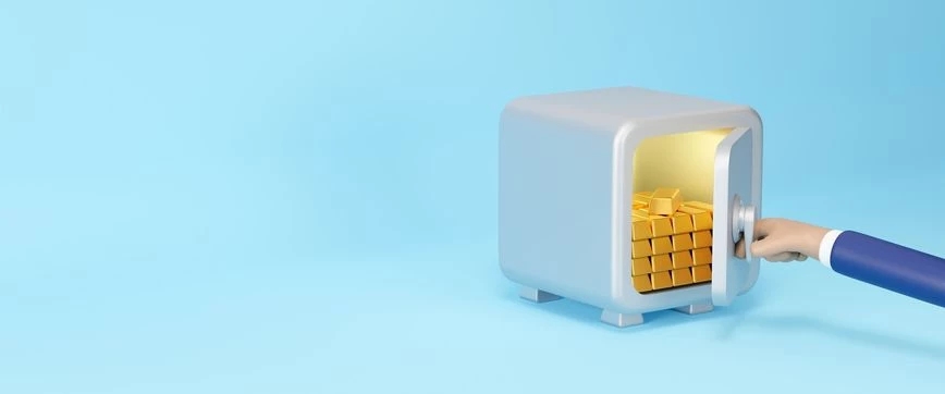 A hand opens a silver vault containing fine gold bars and gold savings on a blue background