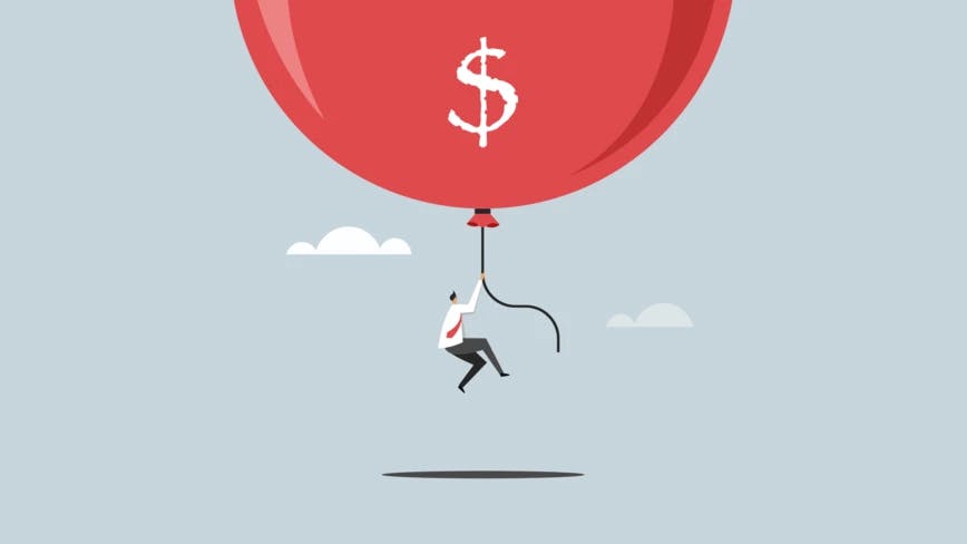 a cartoon man floating on a red balloon with the dollar sign
