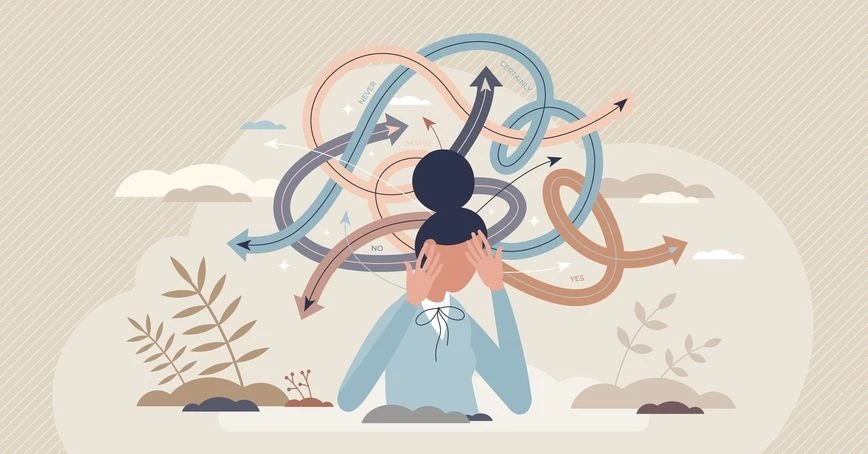 Illustration d'une femme perplexe pesant ses options, représentée par des flèches multicolores indiquant "non", "oui", "jamais" et "certainement".
