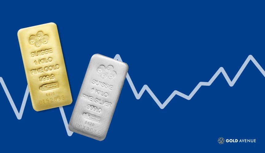 Deux lingots d’or et d’argent de 1 kilo sur un fond bleu avec une courbe blanche.