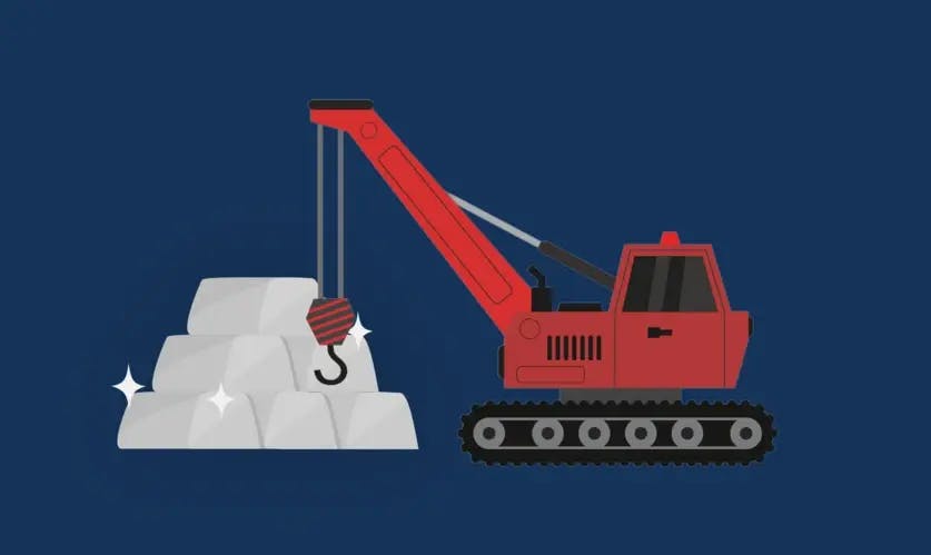 silver bars and an excavator on the dark blue background 