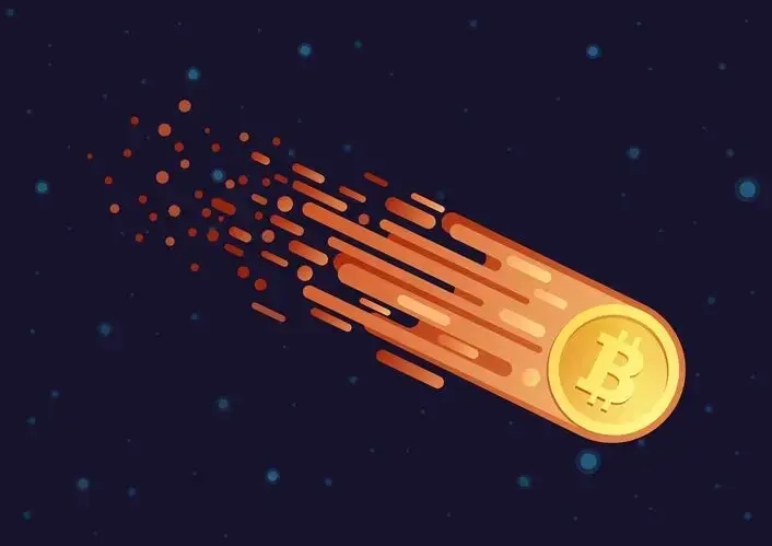 gold bitcoin depicted as a falling meteorite in the dark skies 