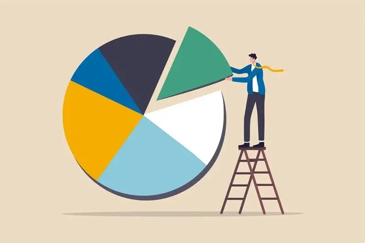 a diversified investment portfolio in the form of a big pie chart with a slice being taken out by an investor standing on a ladder