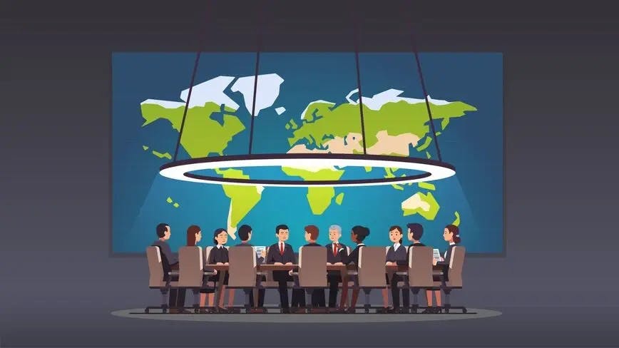 une image de dessin animé montrant des dirigeants mondiaux discutant de la politique mondiale dans une salle de conférence avec une grande carte du monde.