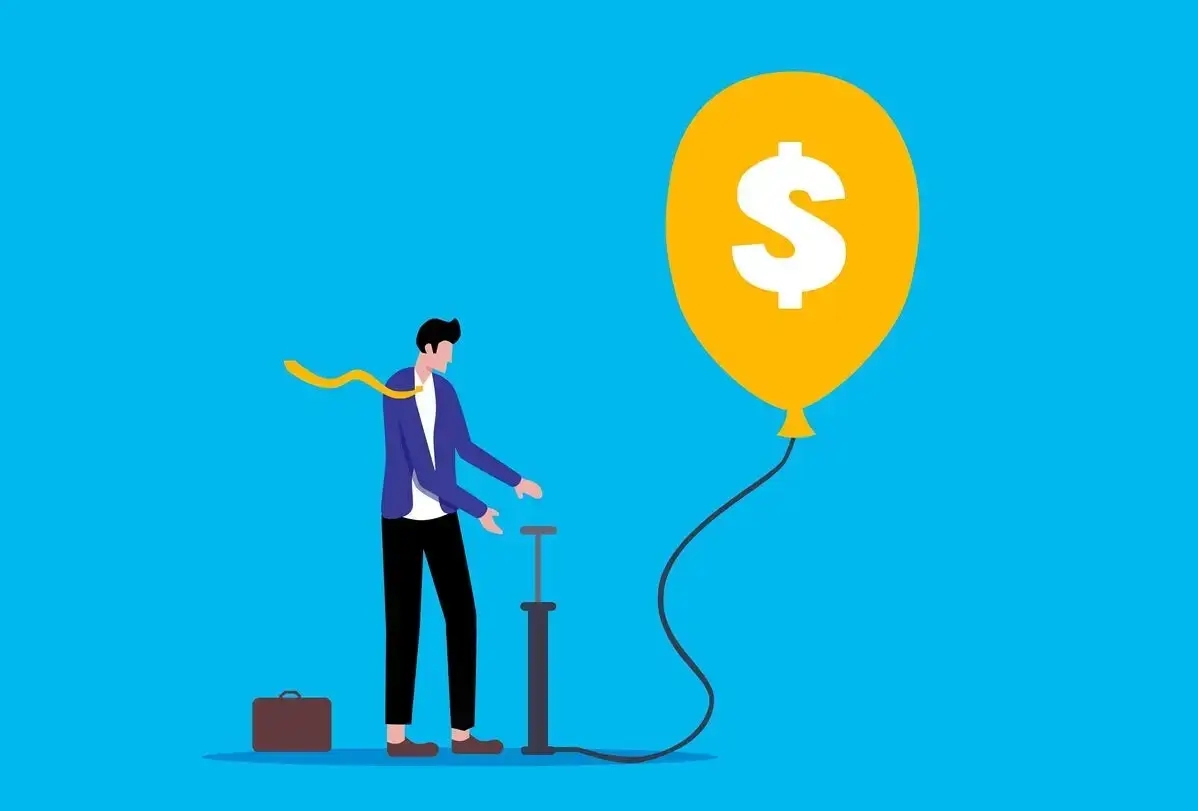 soaring Spain and Germany inflation represented in a picture of cartoon man blowing a yellow balloon with a dollar sign