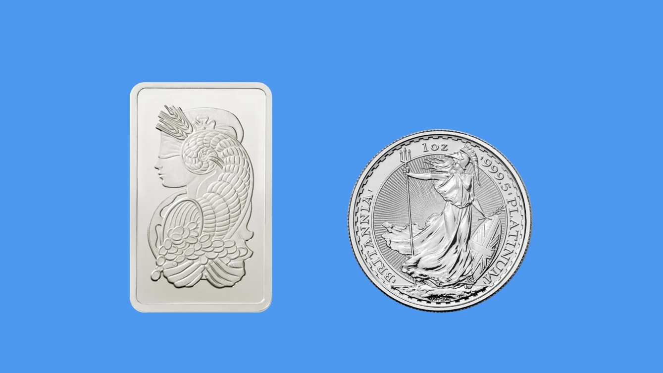 Come comprare lingotti e monete di platino rappresentati nell’immagine del lingotto di paltino Lady Fortuna PAMP Suisse e della moneta di platino Britannia da 1 oncia
