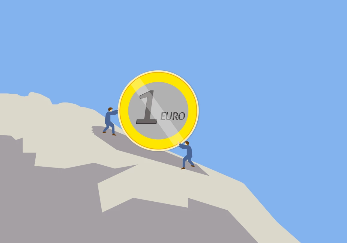 cartoon people rolling a euro coin up the hill symbolizing soaring inflation in the eurozone 