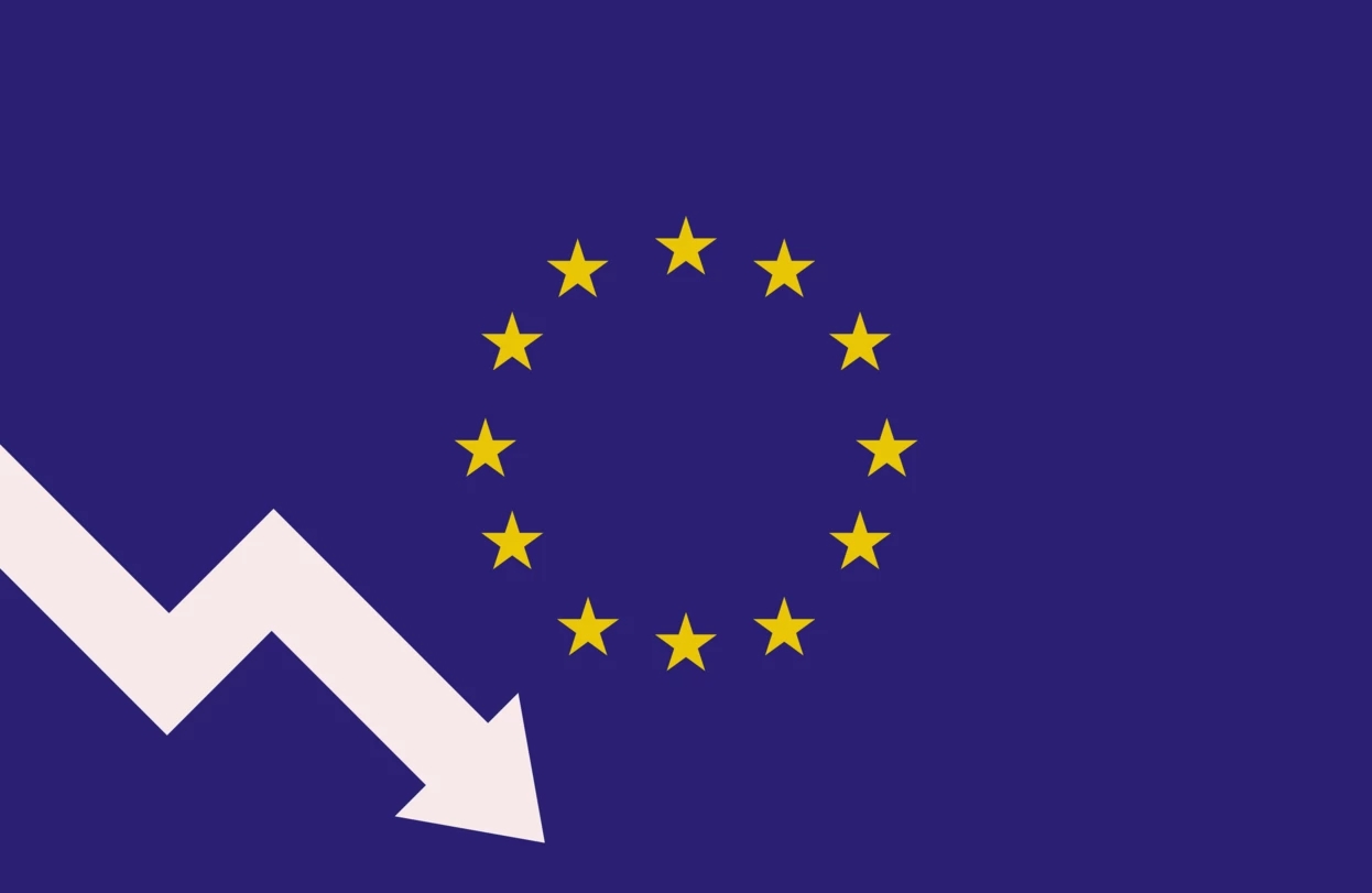 the Eurozone is facing a mild recession at the end of 2022 as shown in the picture of the EU flag and the white arrow going down 