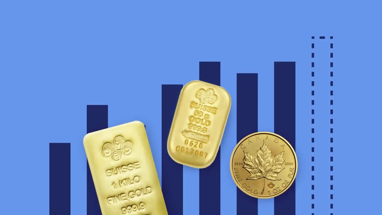 Die hohe Inflation, das sich abzeichnende Risiko einer Stagflation und die geopolitischen Spannungen deuten darauf hin, dass die Voraussetzungen für einen künftigen Anstieg des Goldpreises gegeben sind, wie die Abbildung von Goldbarren und -münzen auf dem Hintergrund eines blauen Diagramms zeigt.