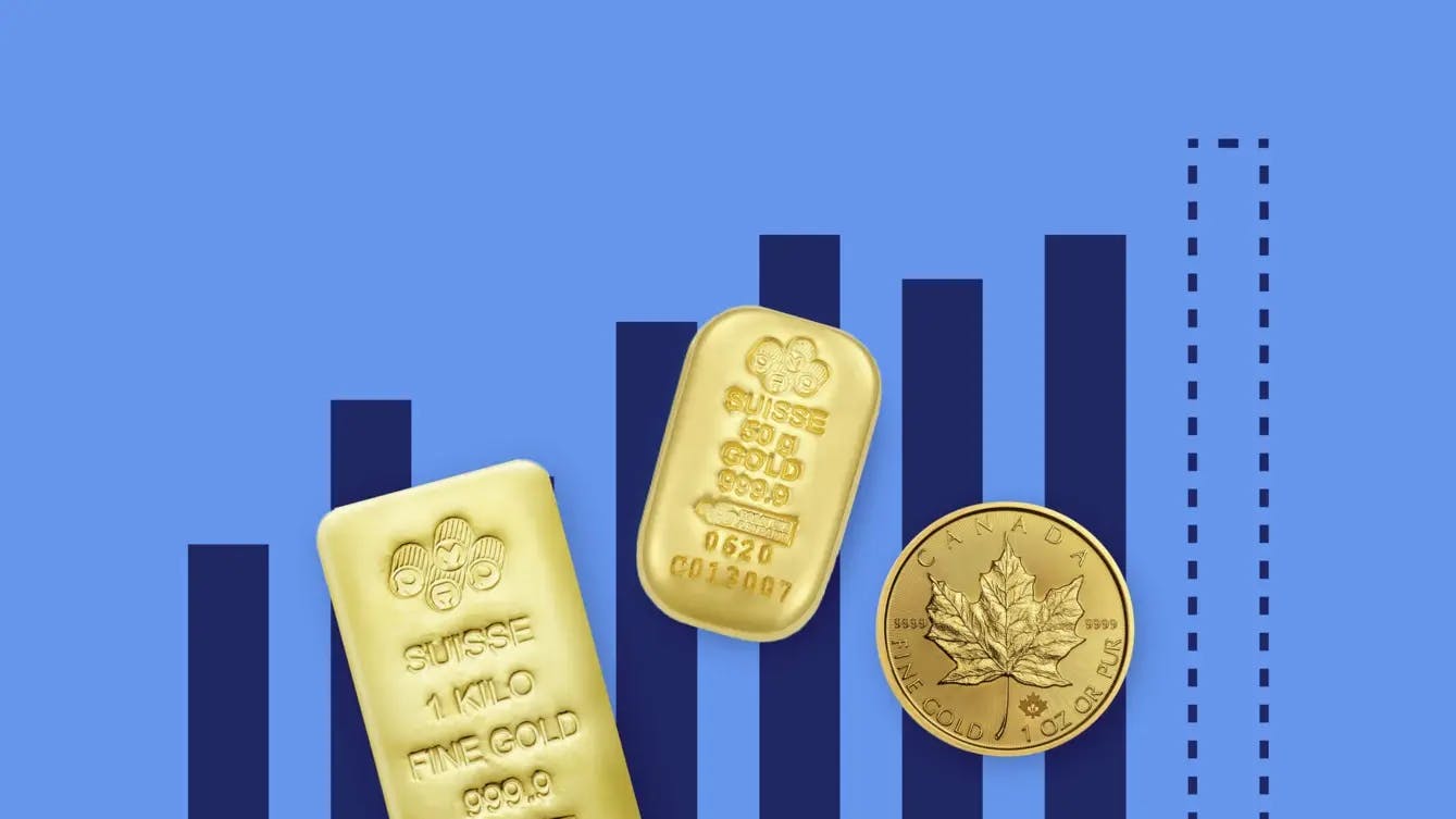L'inflation élevée, le risque imminent de stagflation et les tensions géopolitiques laissent entrevoir une hausse du prix de l'or dans le futur, comme le montre l'image de lingots et de pièces d'or sur fond de graphique bleu.