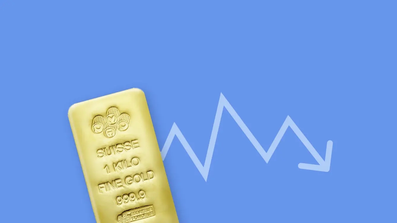 gold price fell 2% amid the rally in the U.S. dollar as shown in the picture of the cast gold bar by PAMP Suisse with the arrow pointing down on the blue background