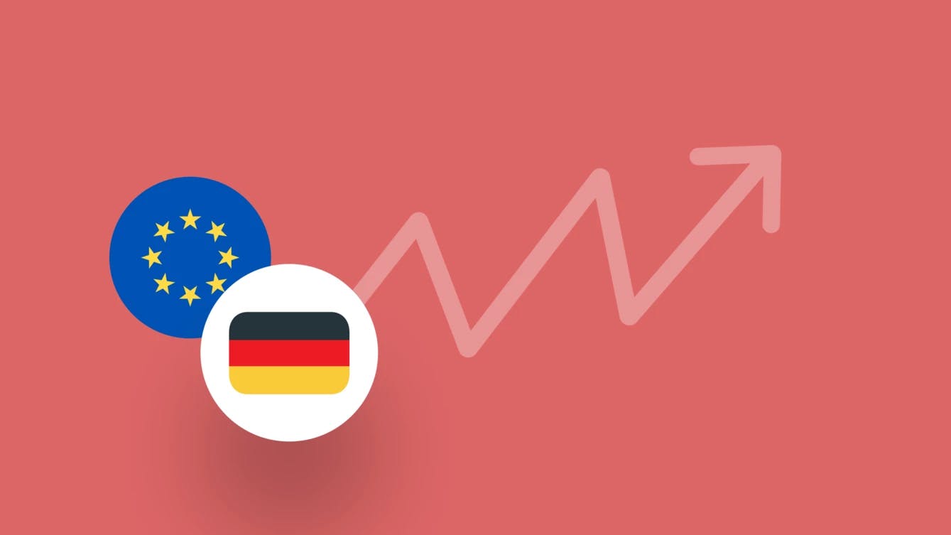 Europäische Union und deutsche Flagge auf rotem Hintergrund mit einem Pfeil nach oben, der für die steigende Inflation in Deutschland und der Eurozone steht