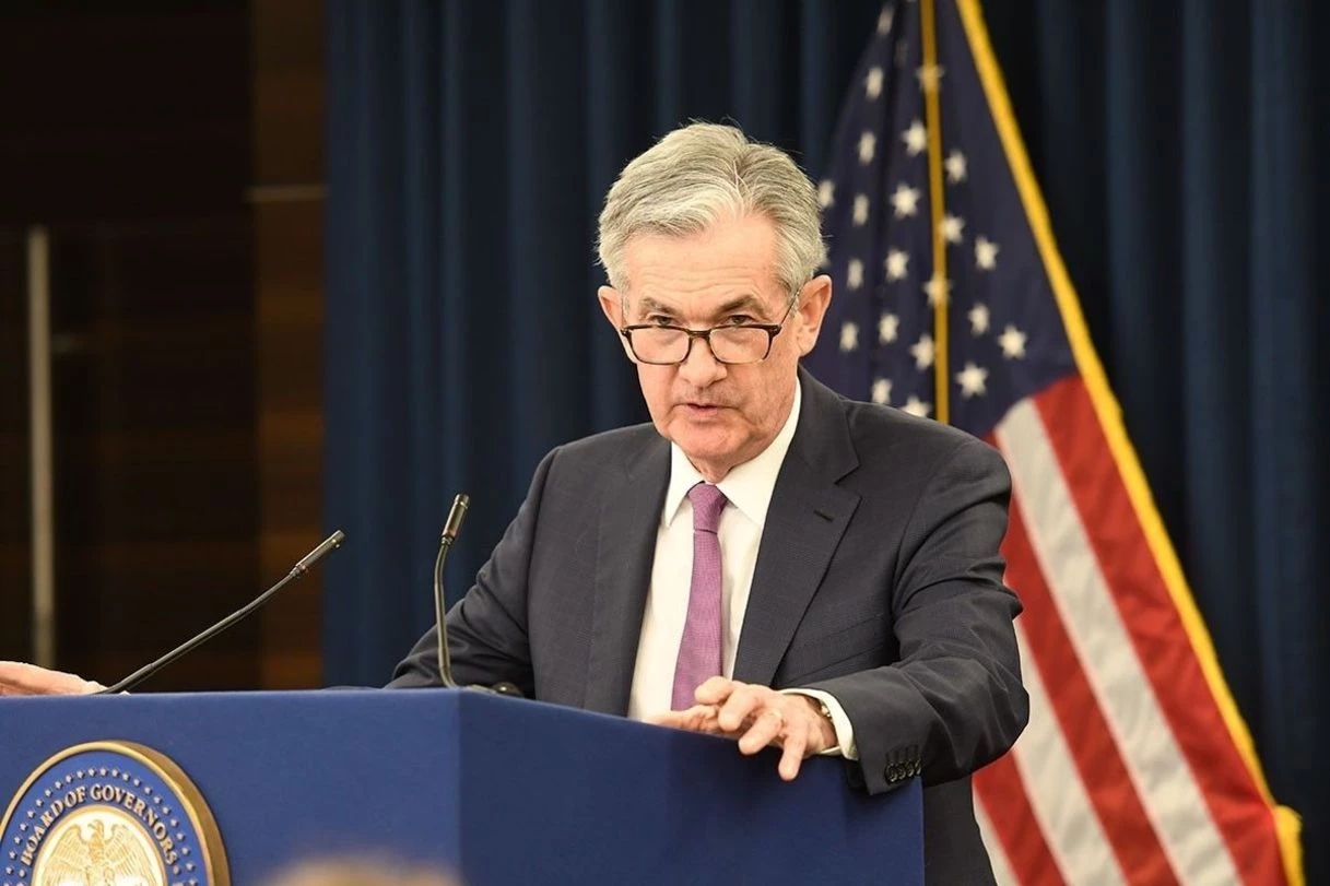 Fed chair Jerome speaking at the press conference after hiking interest rates again