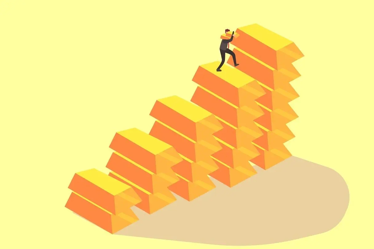 A cartoon man climbing up fine gold bars on a yellow background, representing the gold price going up