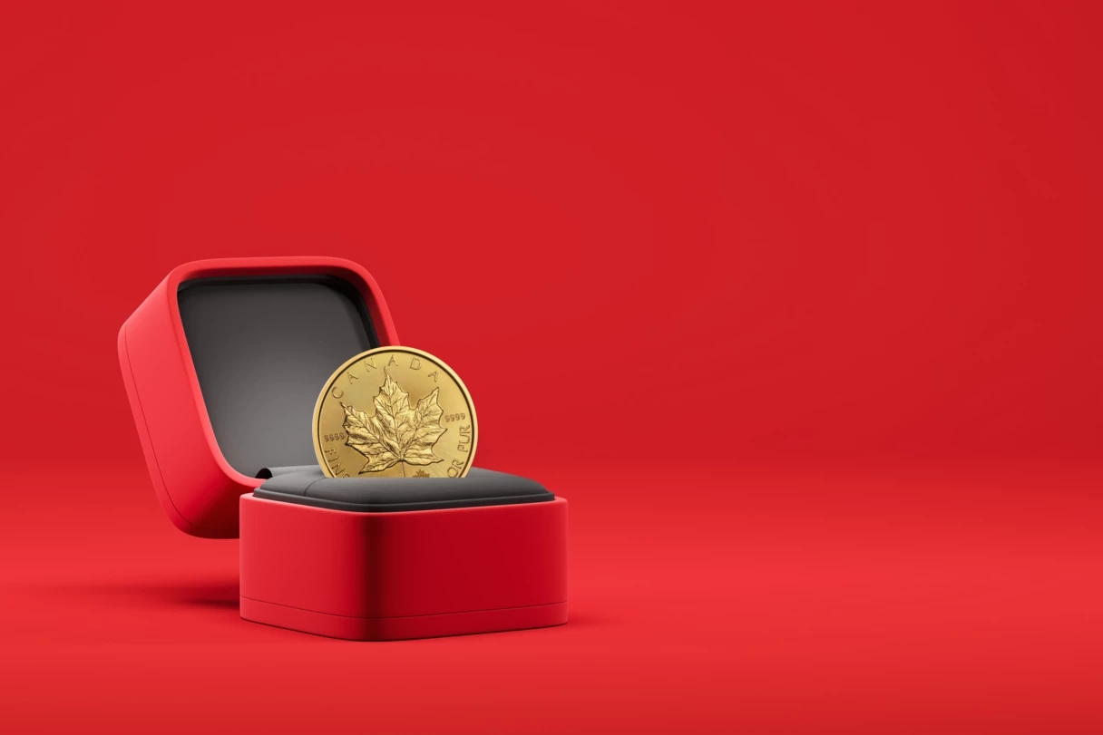 La moneta d’oro Maple Leaf canadese in un portagioie rosso su sfondo rosso.