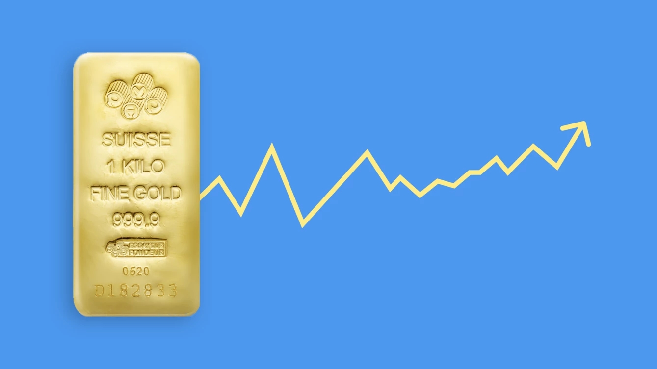 Lingotto d’oro PAMP SUISSE cona una freccia gialla all’insù a rappresentare l’aumento dei prezzi dell’oro.