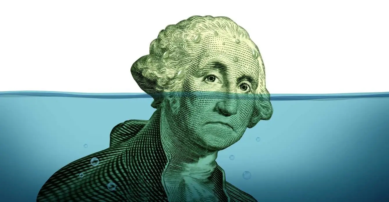 Ein grüner Dollarschein, auf dem George Washington schwitzt und ertrinkt, stellt die drohende Rezession in den USA dar.