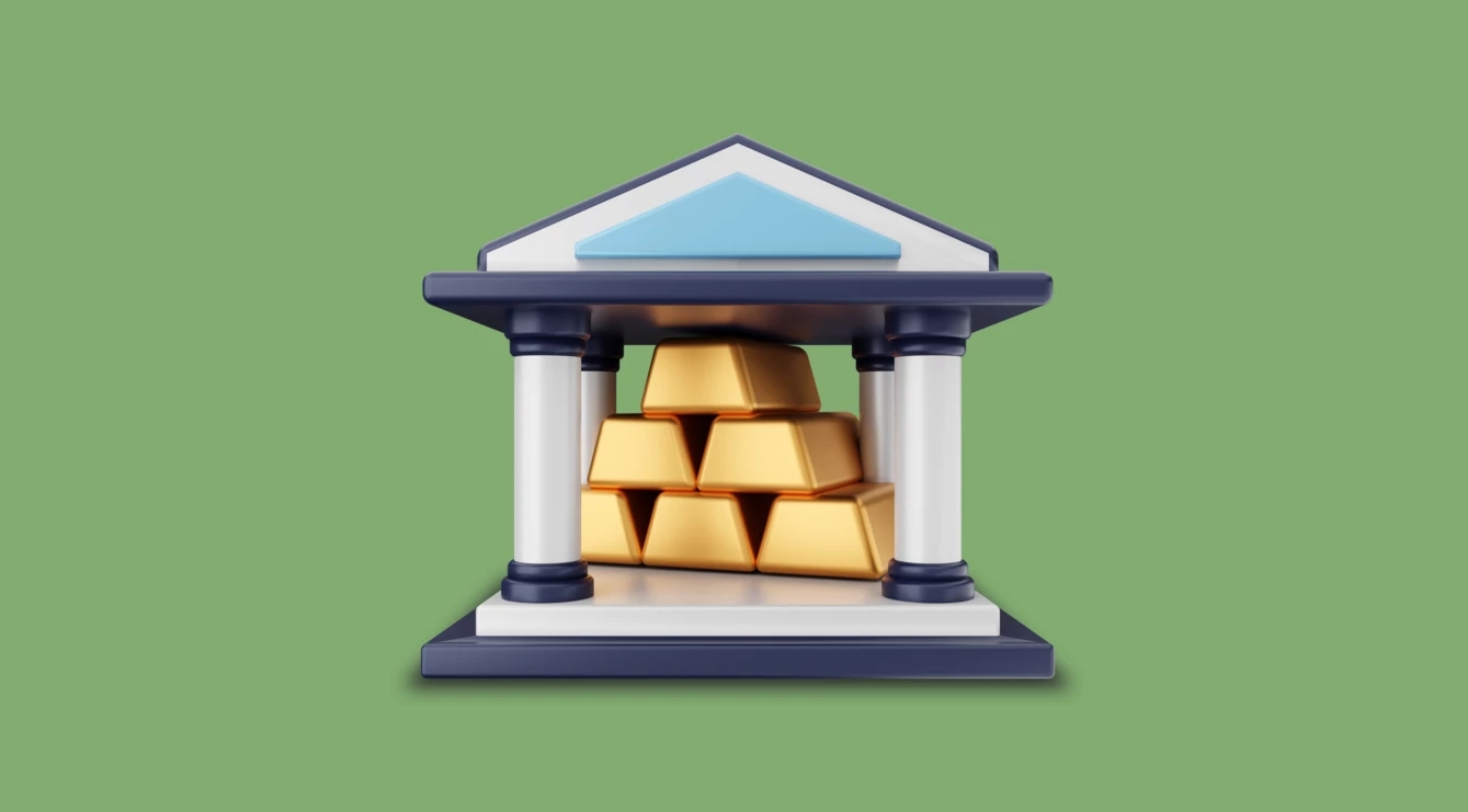 Una pila di lingotti d’oro dentro un edificio rappresentante una banca centrale su sfondo verde.