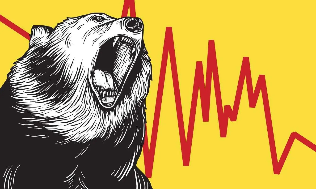 Ein brüllender Bär mit roten Börsenindikatoren auf gelbem Hintergrund