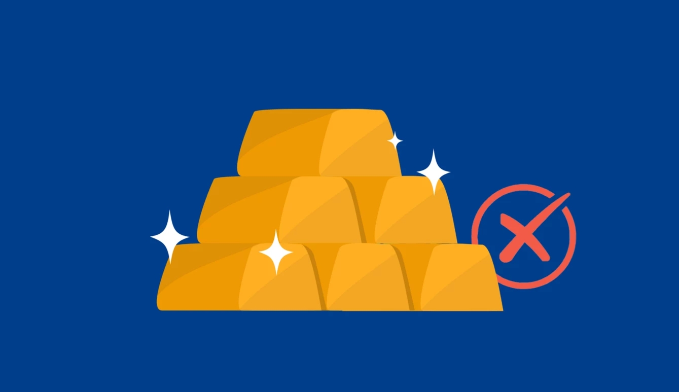 a stack of shiny gold bars with a red cross error sign on a blue background