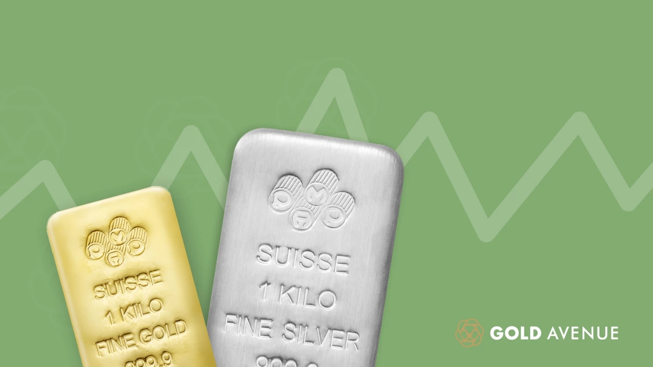 1 kg Gold- und Silberbarren von PAMP Suisse auf hellgrünem Hintergrund