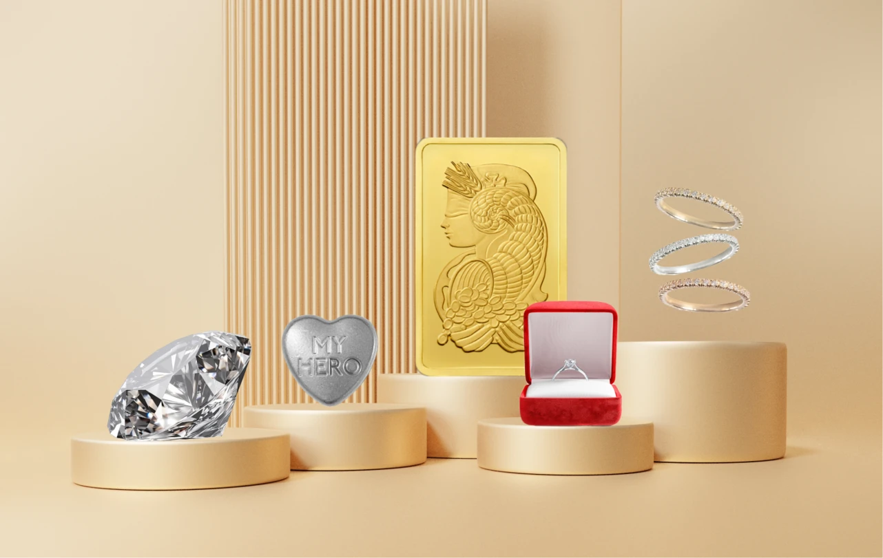 Lingotto d'oro Lady Fortuna, anelli d'amore Cartier, anello di fidanzamento con incastonatura Tiffany e un diamante su sfondo beige.