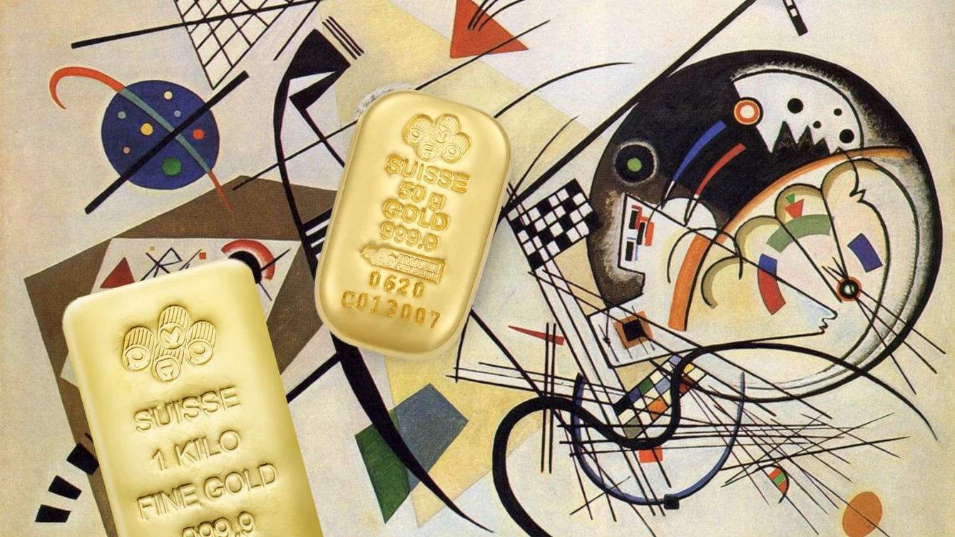 Lingotto d'oro PMAP Suisse da 1 chilogrammo e lingotto d'oro PAMP Suisse da 50 grammi su un motivo artistico.