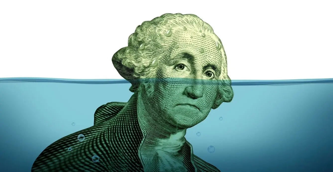 immagine di George Washington che annega a simboleggiare i problemi di indebitamento e la difficoltà nel mantenere la testa finanziaria a galla.