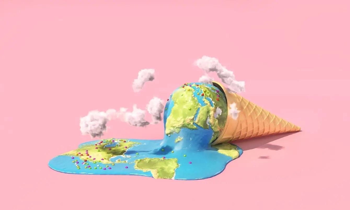 le réchauffement climatique fait fondre la planète Terre représentée comme une boule de glace dans un cône tombé au sol avec un fond rose