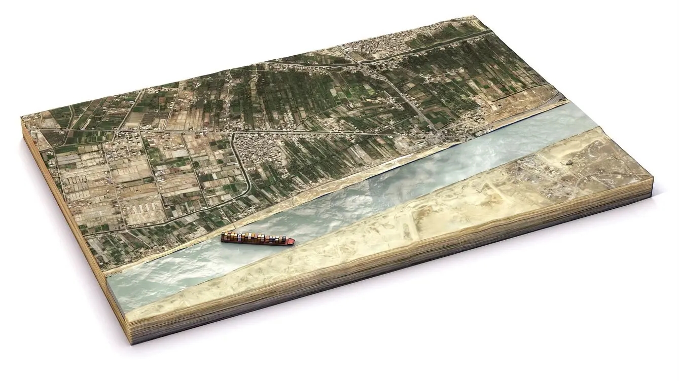 Aerial digital map of the Ever Given being stuck in the suez canal and block the global supply chain while pushing prices up.