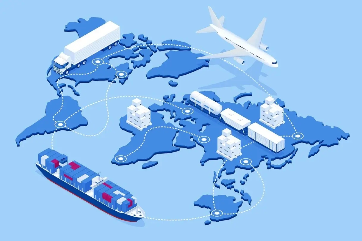 l’attuale crisi nella catena di approvvigionamento mondiale raffigurata nell’immagine di un aereo, un camion e una nave che attraversano il pianeta