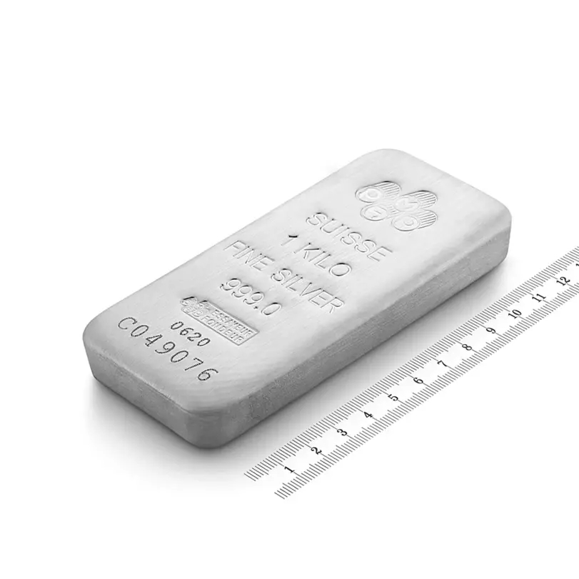 1 kg PAMP silver bar with a ruler