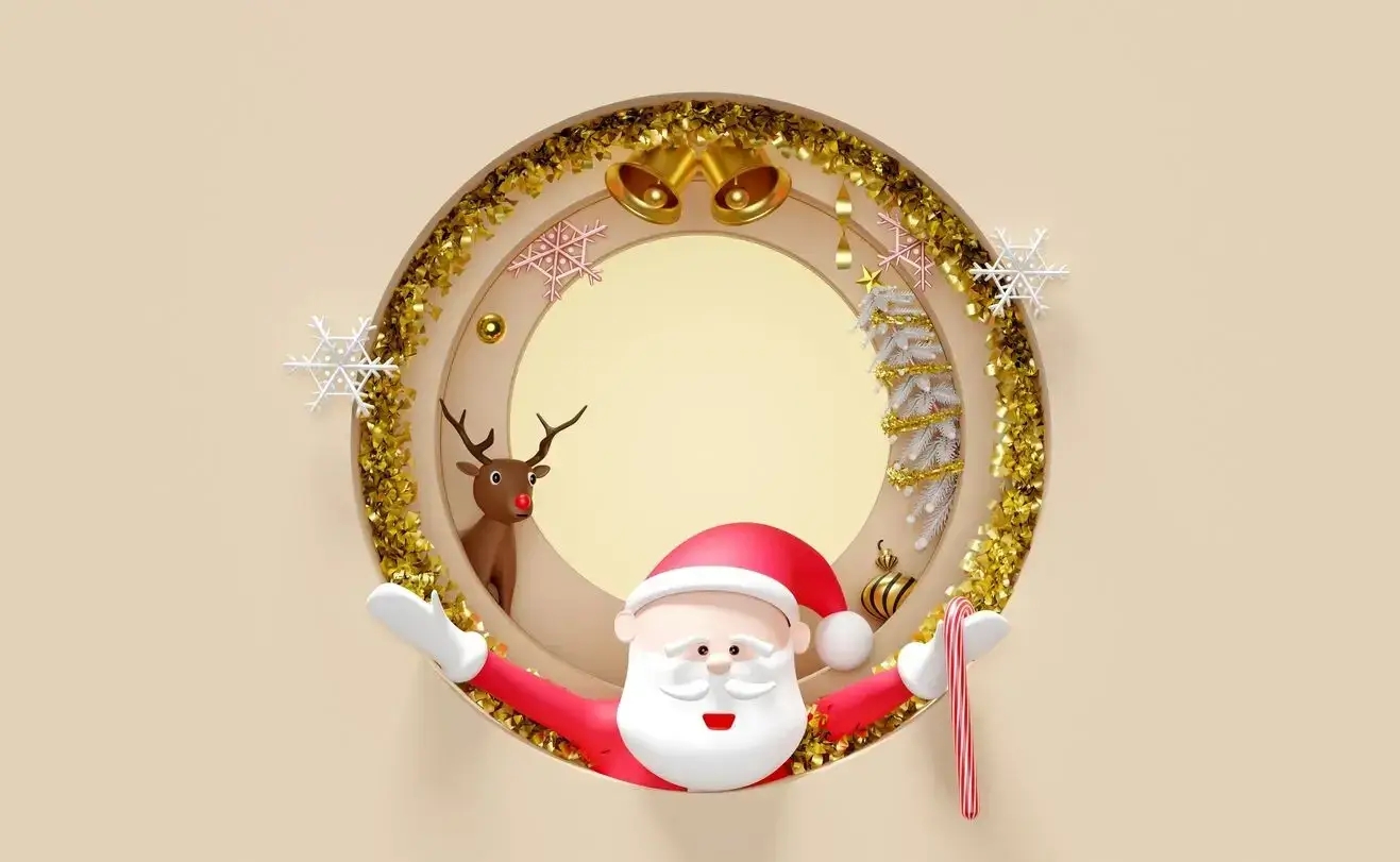 Santa Claus in a golden Christmas wreath with a reindeer and snowflakes  