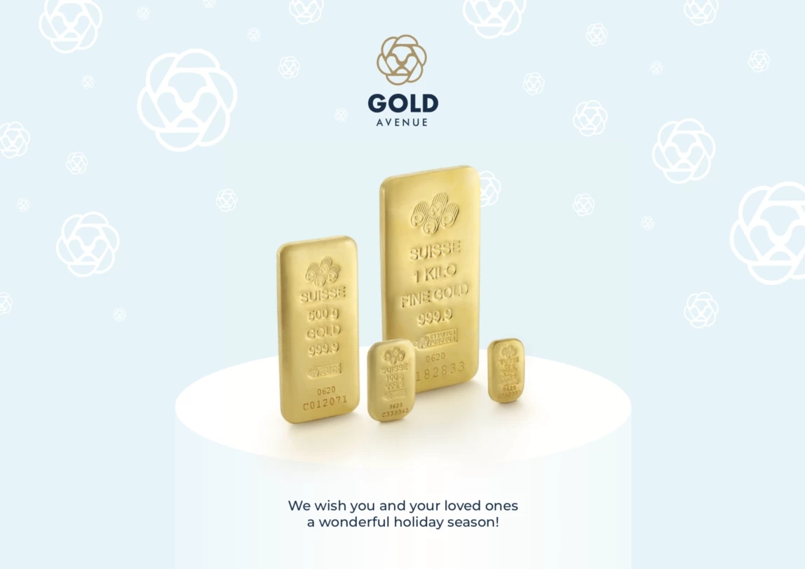 pamp suisse gold bars on a blue background with the gold avenue logo