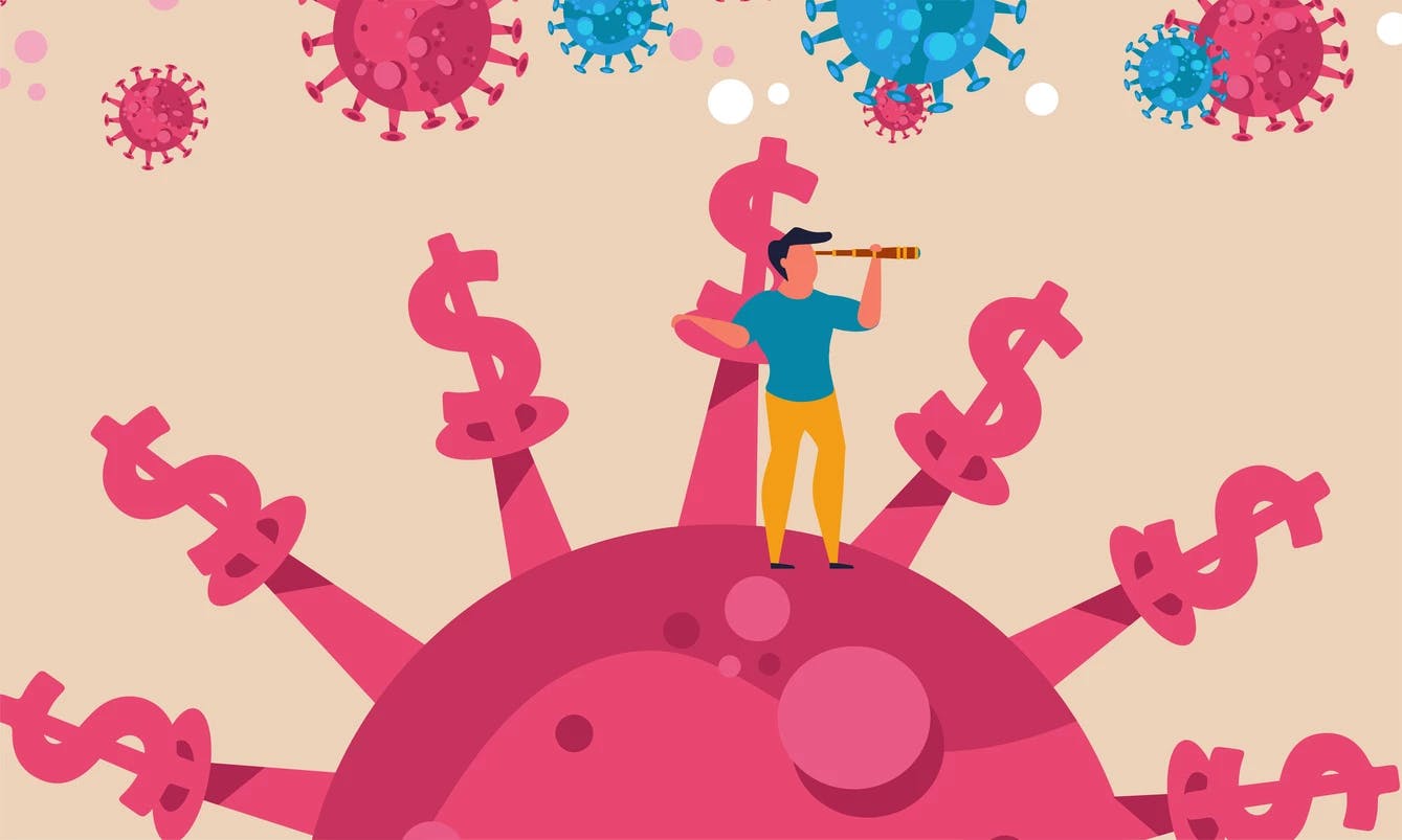 a man looking through a telescope on a pink Covid virus with US dollar signs on its spikes
