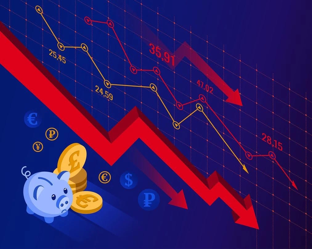 an image of red arrows pointing down, symbolizing the U.S. stock market crash, and a piggy bank with paper money losing value amid rising inflation 