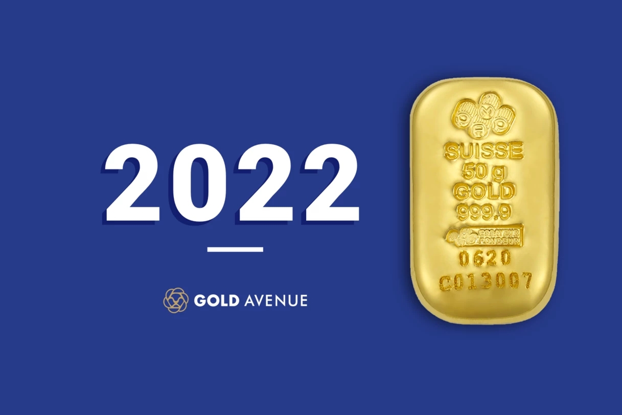 un lingotto d'oro con il numero 2022 sullo sfondo