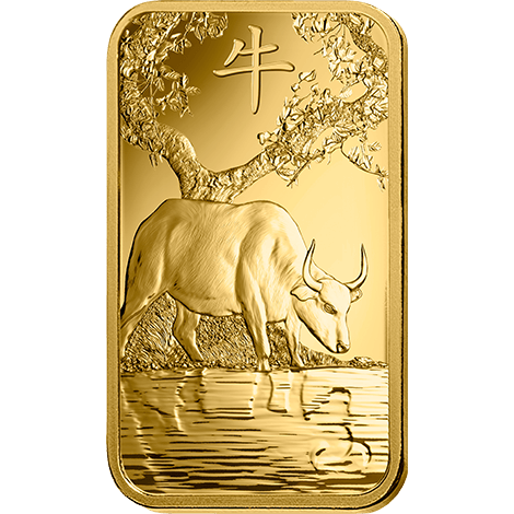The reverse side of the PAMP Suisse Lunar Ox gold bar