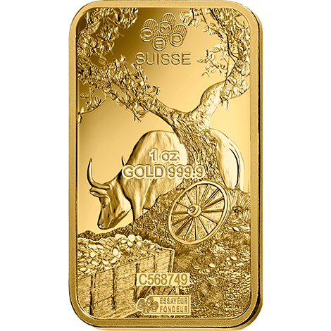 The obverse side of the PAMP Suisse Lunar Ox gold bar