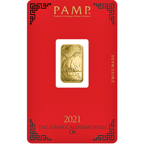 Investir dans l'or, 5 grammes Lingotin, Lingot d'or pur Lunar Boeuf - PAMP Suisse 