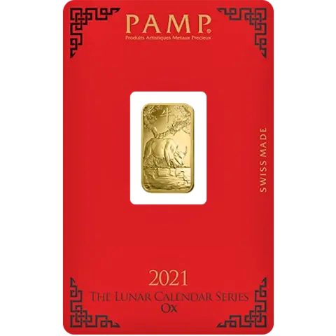5 grammi lingottino d'oro puro 999.9 - PAMP Suisse Bue Lunare