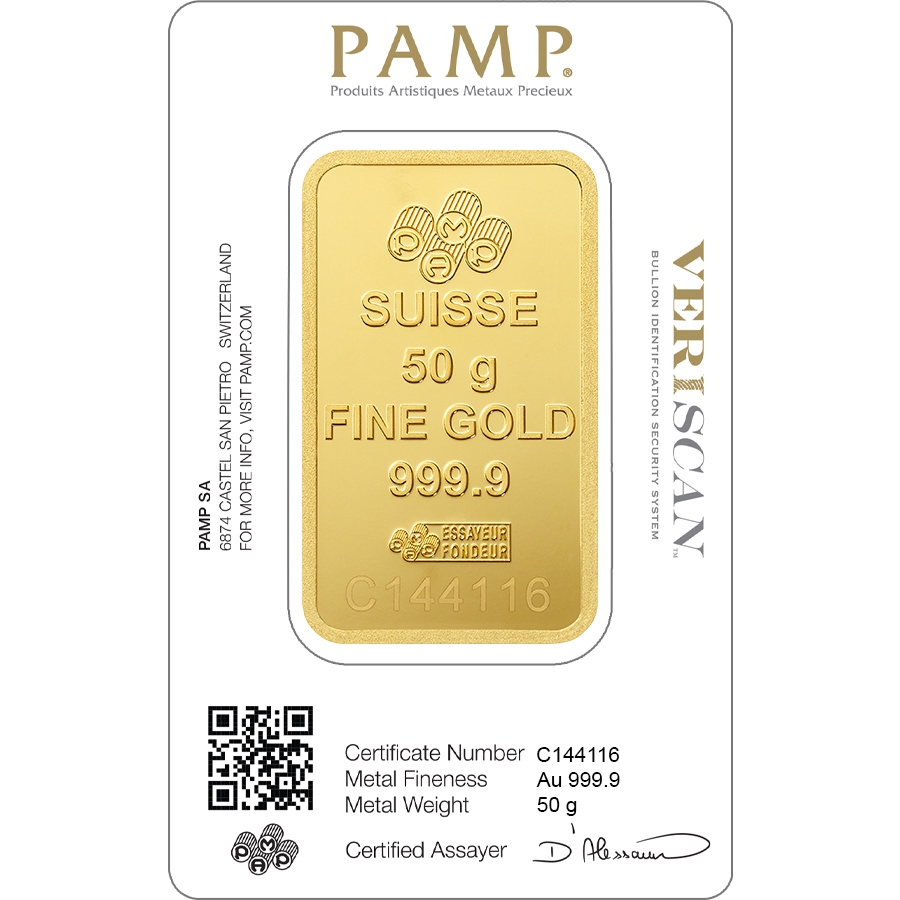 Buy gold, 50 grams Fine gold Lady Fortuna ingot - PAMP Swiss - Veriscan - Back