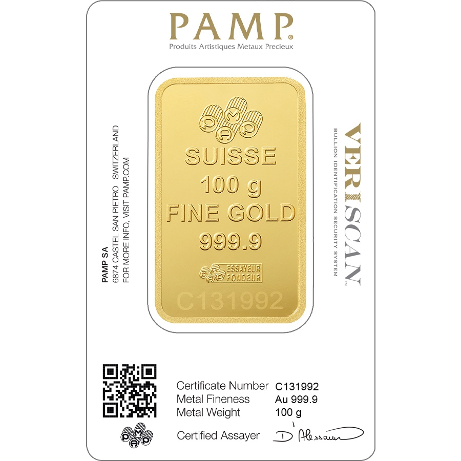 Invest in 100 grams Fine gold Lady Fortuna - PAMP Swiss - Veriscan - Back