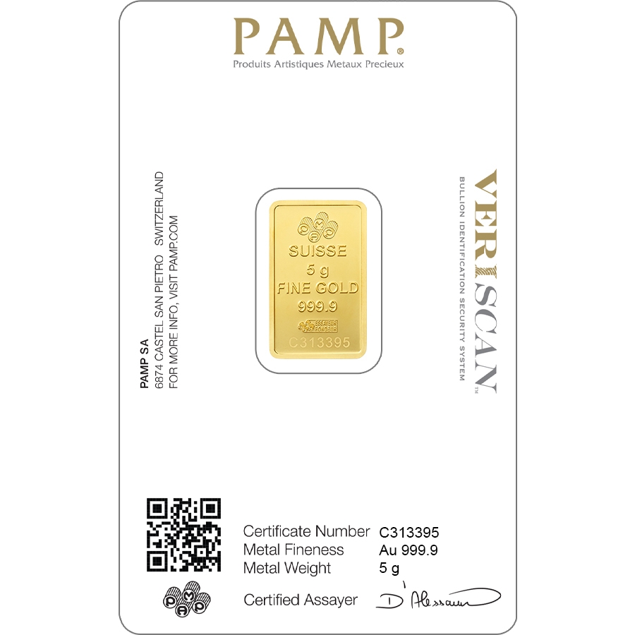 investir dans l'or, 5 grammes Lingotin, Lingot d'or pur Lady Fortuna - PAMP Suisse - Veriscan - Back